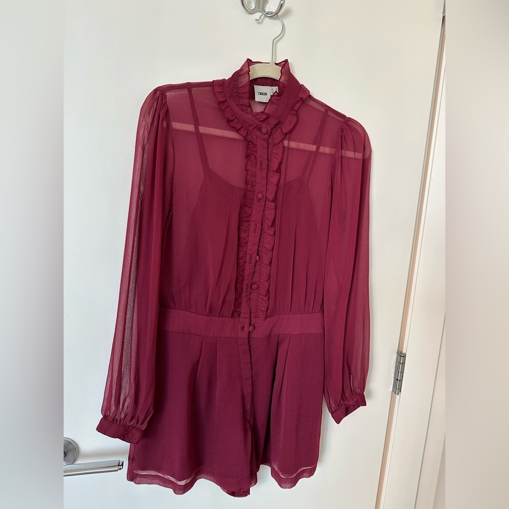 ASOS Burgundy Sheer Ruffle Romper